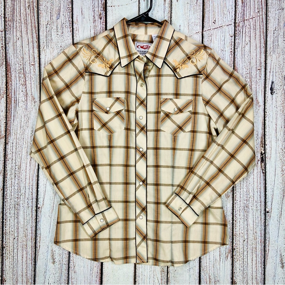Roper Shirt Womens Large Beige Pearl Snap Revolvers Pistols Rockabilly Plaid